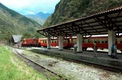 Early afternoon train leaves the new Aguas Calientes station for the trip back to Cusco